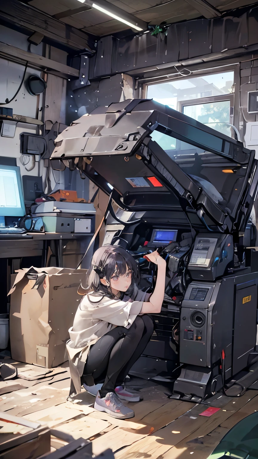 (Mechanical Engineering ,Teenagelips, Glowing Skin, Braided Hair, Soft Skin:1.25, Hair Ribbon, Concentrated expression,Long gloves:1.25,(8k, Best Quality, masterpiece:1.2, Highly detailed, Very detailed), Vibrant colors, Line art,Machine being disassembled,Pictures that make girls look small,Operating a computer,Robot being disassembled,Crouching,Room with loft
