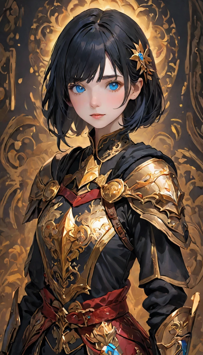 Female adventurer, whole body, Game Art Style, (masterpiece),  Best quality high resolution, 4K, 8k, Detail view, Intricate details, Cinematic Lighting, Great quality, Paladin、1 girl, blue eyes, 赤い鎧を着た勇敢な女性Paladin, Crimson Armor、Strong girl、Gap Moe、 Black Hair, Great shade, Soft lighting, Facing Camera, Perfect Eyes