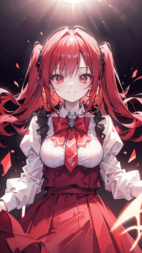 outrageous, Best Quality, 1girl in, Solo, Red hair, Purple eyes, Long hair, Big, Oh Bunny, Bunny ears, Red corset, School run, pinafore, red neck-ribbon, Red skirt, Hair Bow, Short sleeves, Wrist cuffs, White thighs, jingle bell