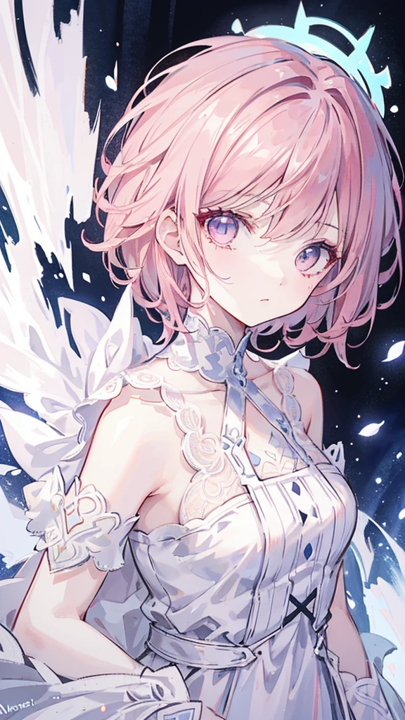 (Masterpiece, Best Quality, Ultra Detail, Best Shadow), (White Background), (Beautiful Detail Face), High Contrast, (Best Lighting, Extremely Delicate and Beautiful), (Cinematic Light)), Bright Colors, Hyperdetail, Intricate Detail, Standing Painting (1 Girl, Solo, Front, Pink Hair, Sharp Face, Short Hair, Fluorescent Long Coat (Broken Glass), Frock Costume, Red Eyes, Hair Between Eyes), Shimmer Swirling Around Characters, Purple Light Particles, Magic Circle, Cyberpunk Style