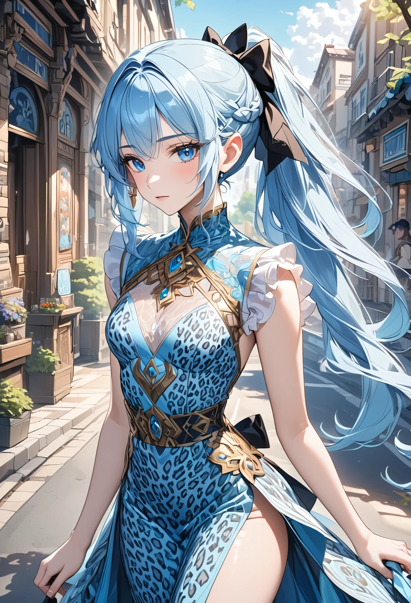 (masterpiece), high details, high quality, (best quality), (super detail), perfect detailed eyes, perfect detailed face, light blue hair, ponytail, Leopard print dress, design, intricate patterns, Fashionable, cutting-edge, avant-garde costumes, Intersection of light and shadow, Fantastic landscape, elf, long pointy ears, hair bow