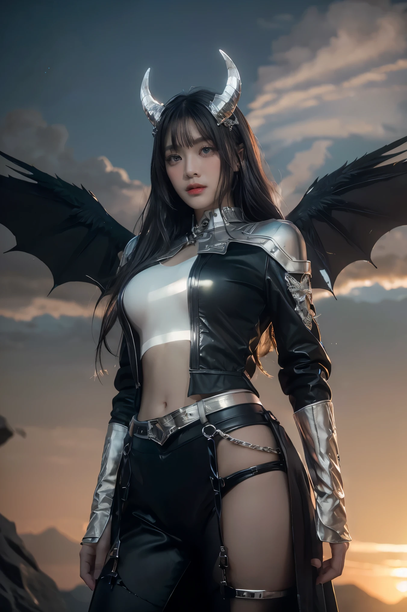 ((masterpiece, best quality, extremely detailed), volumetric lighting, ambient occlusion, colorful, glowing), 1girl, solo, young girl, (dark hair), long hair, horns, aura, devilish, goddess, cleric suit, (black outfit with silver detailst:1.3), devil wings, outdoors, sunset, sky, clouds, space, (fantasy theme:1.2),