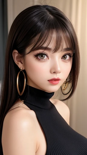 Tabletop、Close-up shot of face、(8k、RAW Photos、Best Quality、masterpiece: 1.2)、Gothic Makeup:1.4、Beautiful big brown eyes、Glowing White Skin、A very sweet and beautiful young woman、narrow eyes,((Big Breasts:1.2))、(BLACK turtleneck sweater), mini-skirt, (earrings, on), (erotic expression, on)、Pastel pink lipstick,long eyelashes:1.3,((purple eyeshadow)),gold hoop earrings, gold necklace,Blurred black background:1.5、Photo Studio、Cinema Lighting、Professional photographer