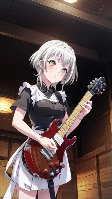 Best Quality,High image quality,Anatomically correct,anime,8k,One Girl,beautiful girl,Old Japanese house background,blush,Light grey hair,Heterochromia iridis,Golden right eye,Silver left eye, German Maid,I have an electric guitar,Looking forward,Hand Repair