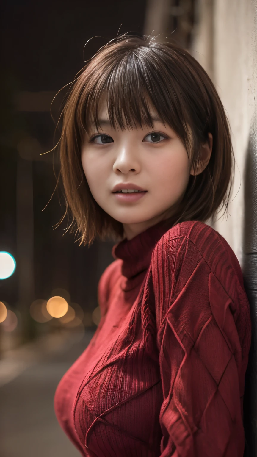 masutepiece, Best Quality, 8K, japanese girl, 18years old, , Raw photo, absurderes, award winning portrait, Solo, (Night:1.8), Idol face, Delicate girl,Delicate body, Upper body, Digital SLR, Candid, Sophisticated,Thin arms, Professional Lighting, Film grain, chromatic abberation, (Eyes and faces with detailed:1.0), (physician:1.1)  , closes mouth ,A dark-haired , short hair、brown haired, bangss,droopy eyes, ecstasy , Oversized breasts,(red cable_knitted sweater:1.3), Random sexy poses