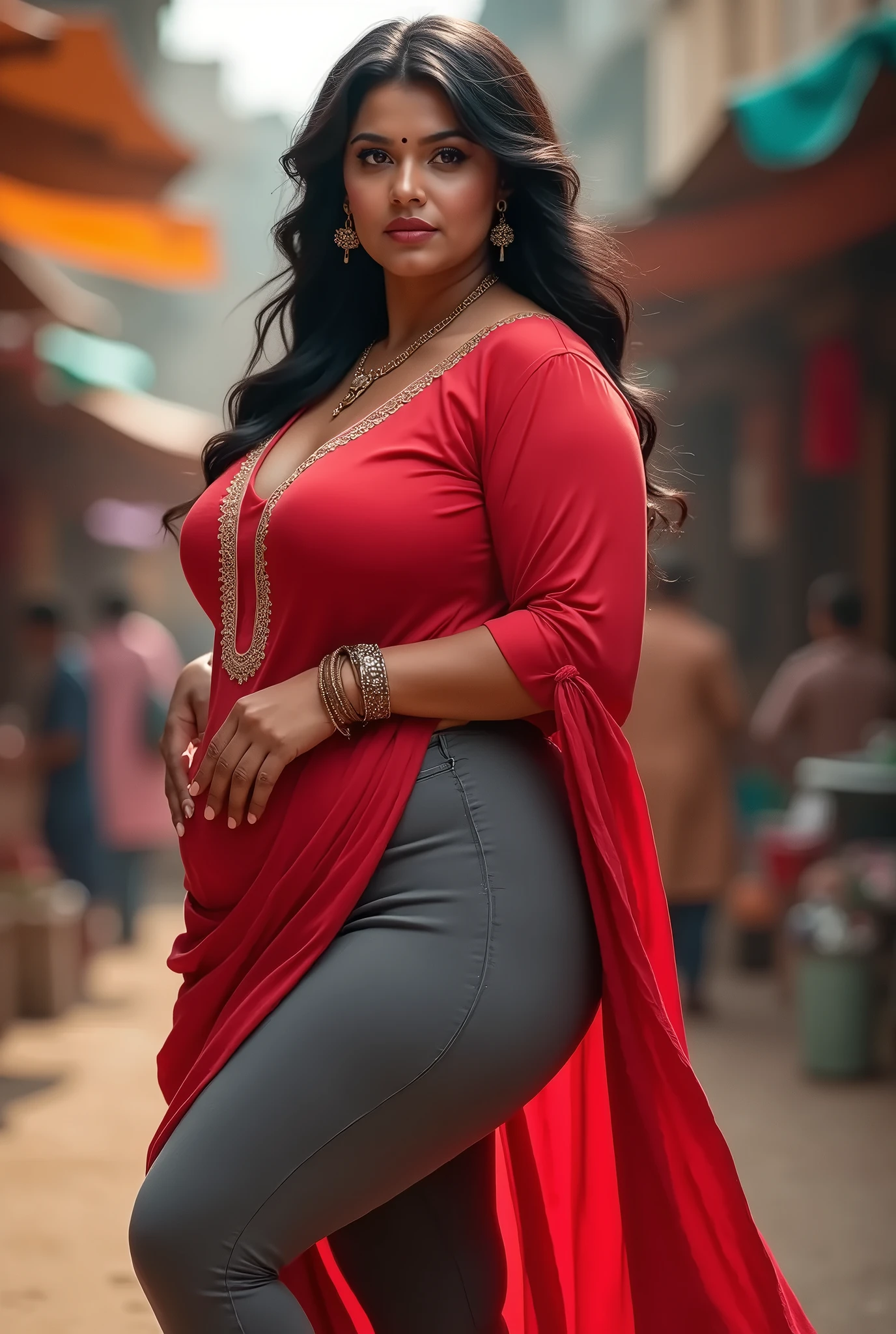 Beautiful indian plus size chubby women in kurti legging churidar tight in a market hot flying kurti, Gray legging, red side slit open kurti,big breast,big ass, huge ass,beautiful face, celebrity face,full body image,side view
