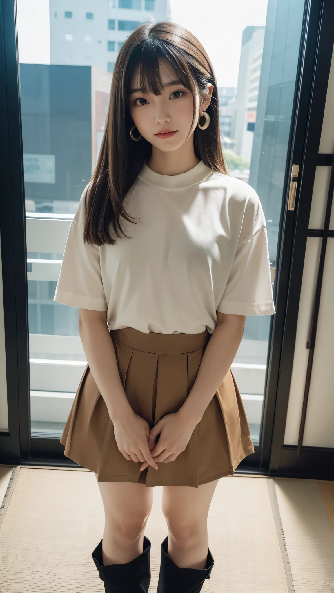 Japanese woman standing with her hands behind her back、1 person、Perfect beauty、Full body portrait、Small face、Medium build、Model-like proportions、Wearing a shirt、Wearing a skirt、, light brown hair, crossed bangs, straight hair, floating hair, expressive hair, big hair, wide eyes, earrings, seductive smile, naughty, Verism, Surrealism, cinematic lighting, Fujicolor, tachi-e, first-person view, f/1.8, Nikon, UHD, anatomically correct, masterpiece, high details, award winning, best quality, highres, 16k