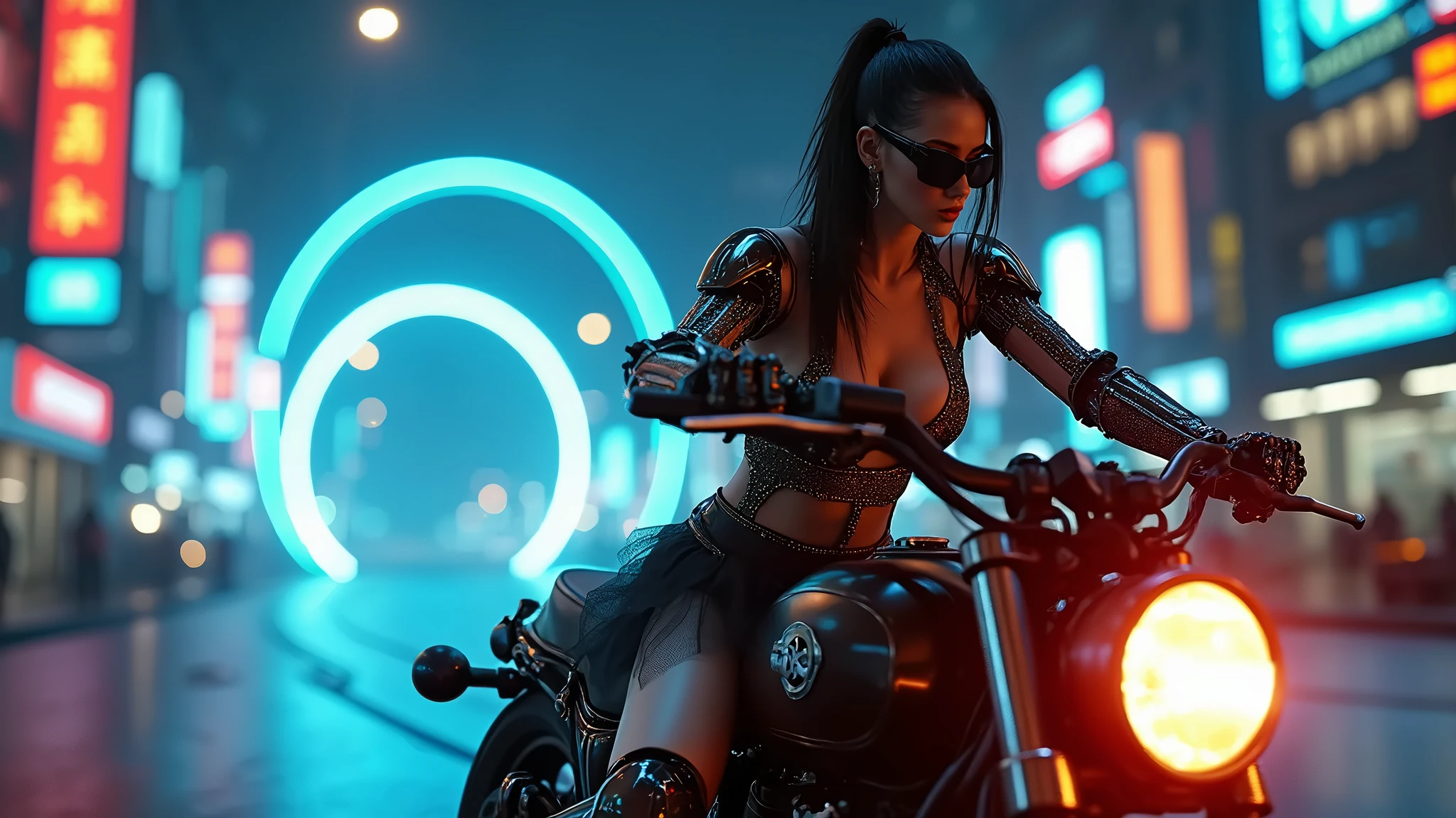 C7b3rp0nkStyle, dark night, prehistoric maze mysterial park, moai statue, waterfall, eagle, cyberpunk, sci-fi, futuristic, tech. (((((1girl, solo, alone, superbiker, close-up superbike shot))))), medium-breast:1.1 slim body, cleavage, sexy clothes, (headphone, black sunglasses, long black realistic hair), (((superbike riding and holding pistol poses))), half-body thigh level medium shot, cinematic lighting, lens flare, ray tracing.