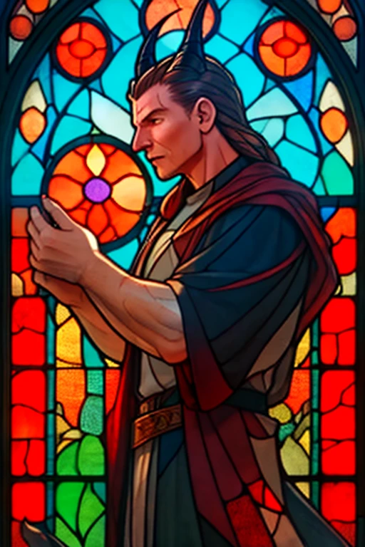 a demon: fire: Liam Neeson: Qui-Gon Jinn: the devil: (stained glass window) red: religious: horns: