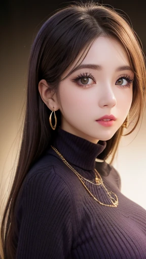 Tabletop、Close-up shot of face、(8k、RAW Photos、Best Quality、masterpiece: 1.2)、Gothic Makeup:1.4、Beautiful big brown eyes、Glowing White Skin、A very sweet and beautiful young woman、((narrow eyes:1.3)),((Big Breasts:1.2))、(BLACK turtleneck sweater), mini-skirt, (earrings, on), (erotic expression, on)、Pastel pink lipstick,long eyelashes:1.3,((purple eyeshadow)),gold hoop earrings, gold necklace,Blurred black background:1.5、Photo Studio、Cinema Lighting、Professional photographer