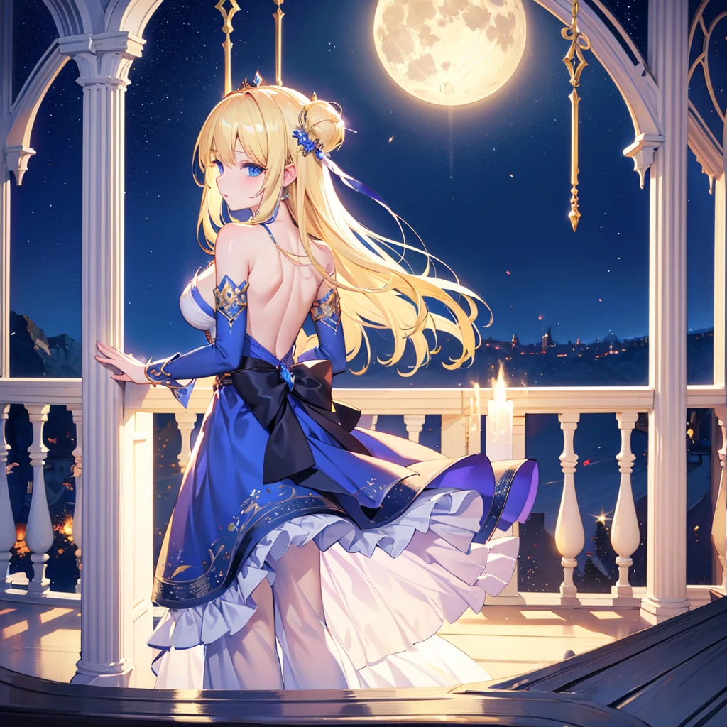 Blonde woman in a blue dress, Beautiful fantasy maiden, Detailed fantasy art, Beautiful fantasy art, Blonde Princess, artgerm is on artstation and pixiv, Beautiful maiden, ((Beautiful fantasy empress)), 2. 5D CGI Anime Fantasy Artwork, Fantasy art style, Detailed digital anime art, Fantasy style art、Best Quality, Night view、Stay on the balcony、Watching the moon、full moon、Anxious expression、Put your hands on the handrail、Rear view、Backless dress