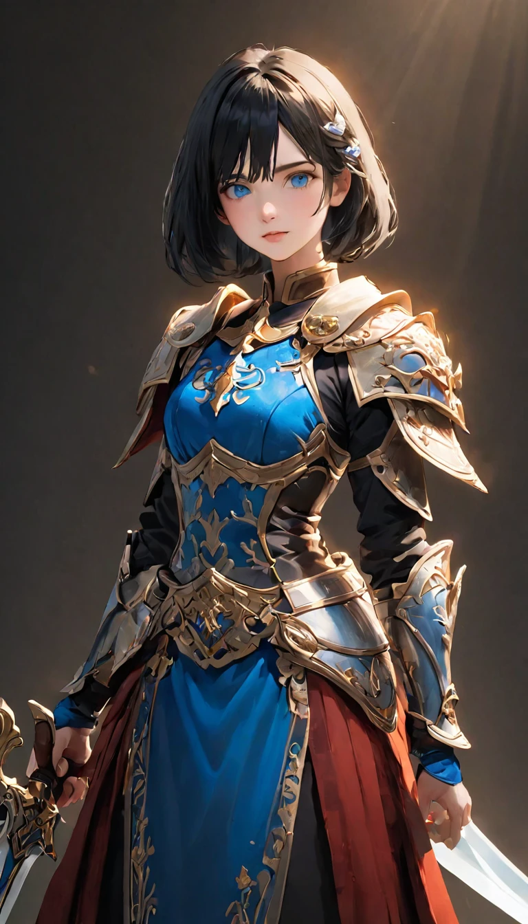 Female adventurer, whole body, Game Art Style, (masterpiece), Best quality high resolution, 4K, 8k, Detail view, Intricate details, Cinematic Lighting, Great quality, cowboyshot、Paladin、1 girl, blue eyes, 赤い鎧を着た勇敢な女性Paladin, Crimson Armor、Strong girl、Gap Moe、Long sword on back、 Black Hair, Great shade, Soft lighting, Facing Camera, Perfect Eyes