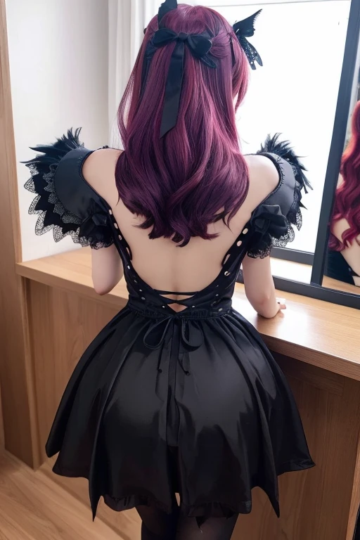 (((red hair with a twin half tail), a smile, a young girl of 18 years old, Cute symmetrical face, Black cat ears, red eyes, (Ruffled clothes, Black lace clothes), Interior Green color, a girl, full body, A masterpiece of 2D art, (Masterpiece,Top image quality:1.3),(Details:1.2),(1 girl in), All-black maid clothing, dark night)))