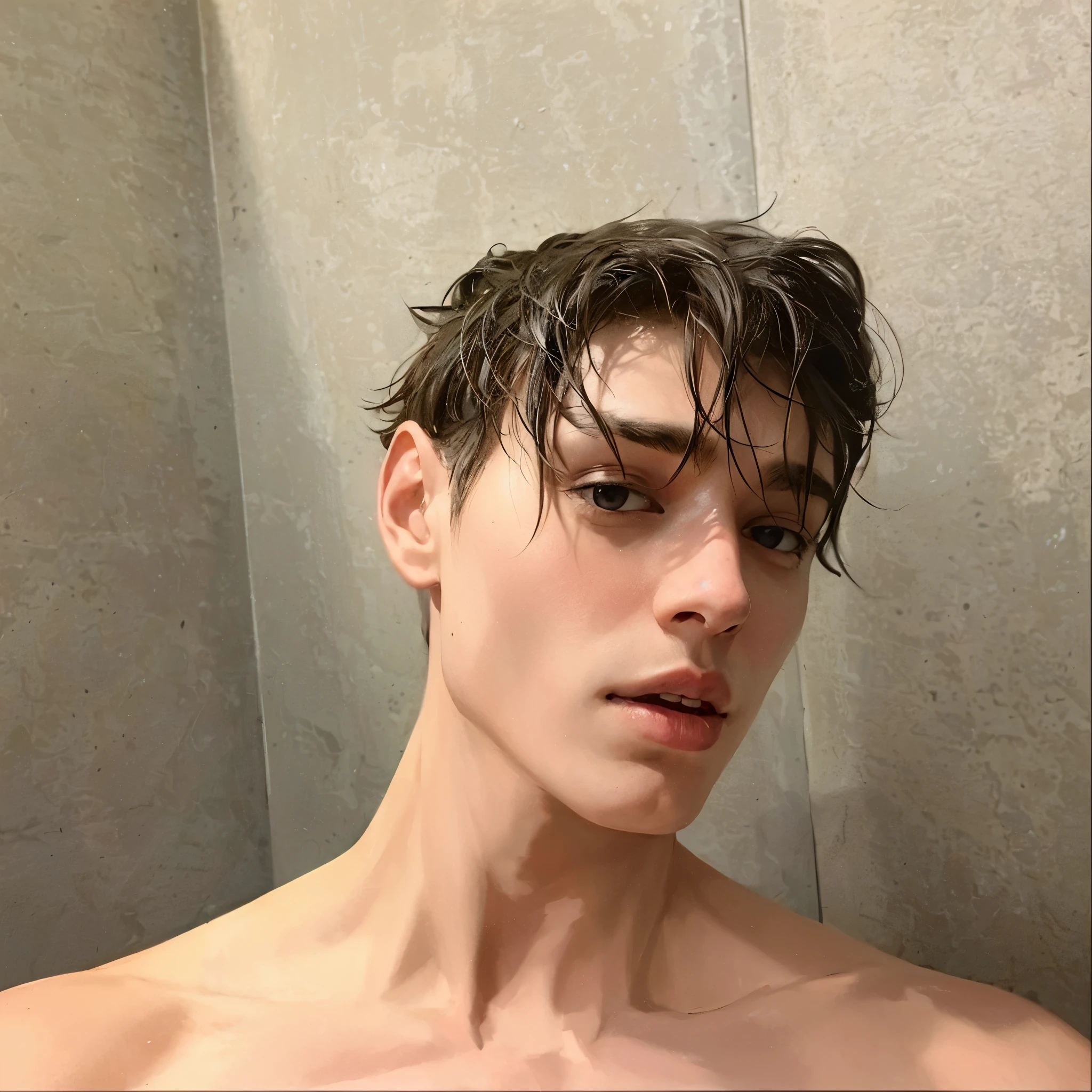Justin Bieber smiling mischievously, sexuell, with ????? penis, Unclothed, in the bathroom under the wet shower