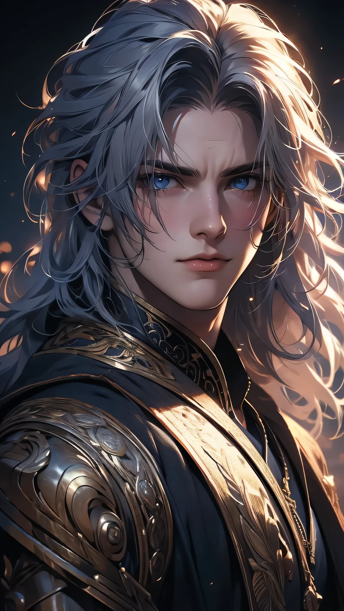 ((masterpiece)), envision a 8k, highres, cinematic, semi realistic, detailed, close up portrait of a strong boy, strong face, mature face, muscular body, long wavy white hair,  blue eyes, (((1boy))), in dark lighting, against a dark background