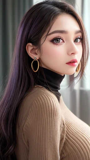 Tabletop、Close-up shot of face、(8k、RAW Photos、Best Quality、masterpiece: 1.2)、Gothic Makeup:1.4、Beautiful big brown eyes、Glowing White Skin、A very sweet and beautiful young woman、narrow eyes,((Big Breasts:1.2))、(BLACK turtleneck sweater), mini-skirt, (earrings, on), (erotic expression, on)、Pastel pink lipstick,long eyelashes:1.3,((purple eyeshadow)),gold hoop earrings, gold necklace,Blurred black background:1.5、Photo Studio、Cinema Lighting、Professional photographer