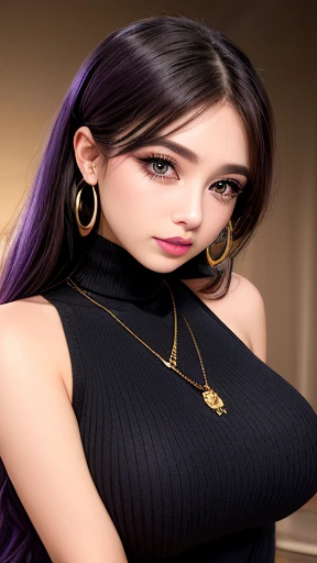 Tabletop、Close-up shot of face、(8k、RAW Photos、Best Quality、masterpiece: 1.2)、Gothic Makeup:1.4、Beautiful big brown eyes、Glowing White Skin、A very sweet and beautiful young woman、narrow eyes,((Big Breasts:1.2))、(BLACK turtleneck sweater), mini-skirt, (earrings, on), (erotic expression, on)、Pastel pink lipstick,long eyelashes:1.3,((purple eyeshadow)),gold hoop earrings, gold necklace,Blurred black background:1.5、Photo Studio、Cinema Lighting、Professional photographer