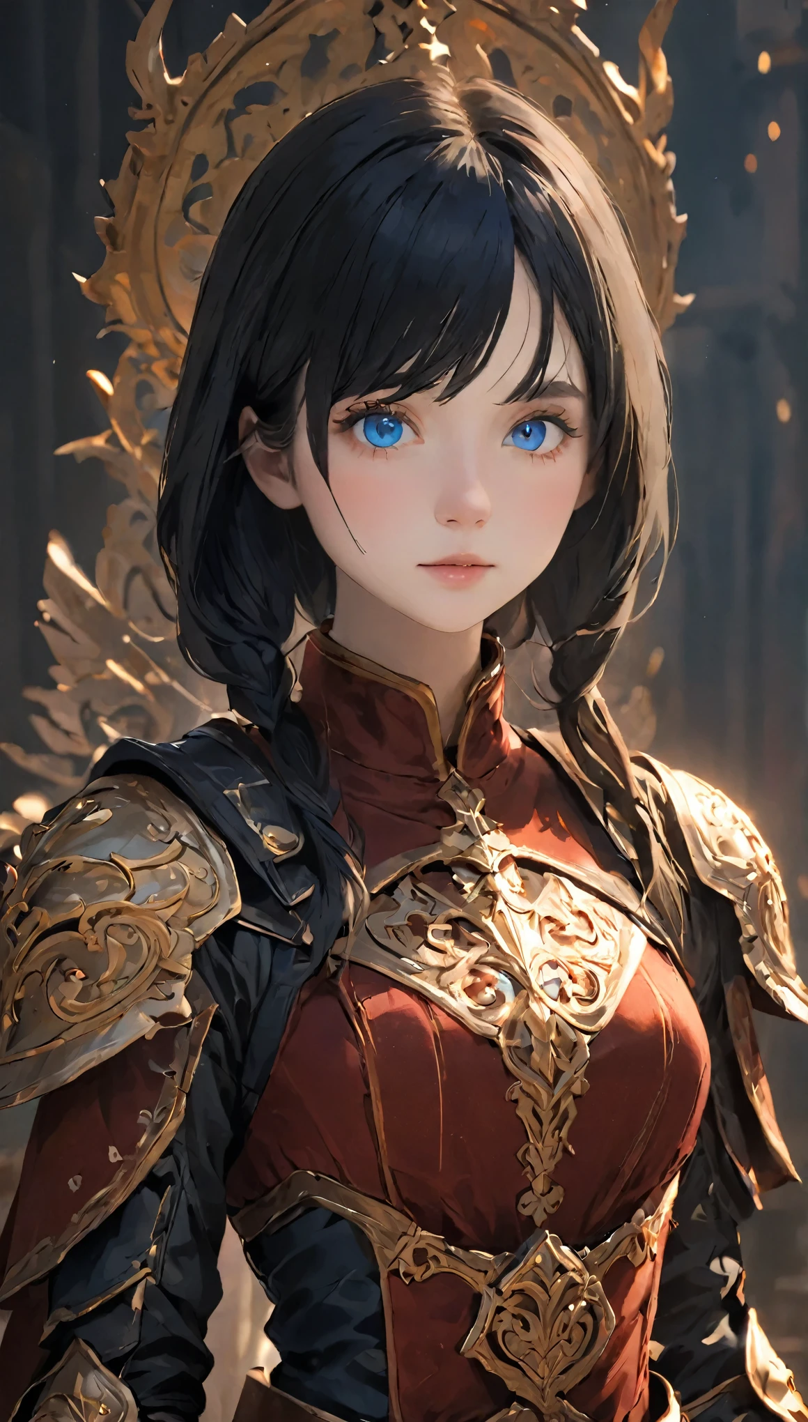 Female adventurer, whole body, Game Art Style, (masterpiece), Best quality high resolution, 4K, 8k, Detail view, Intricate details, Cinematic Lighting, Great quality, cowboyshot、Paladin、1 girl, blue eyes, 赤い鎧を着た勇敢な女性Paladin, Crimson Armor、Strong girl、Gap Moe、Long sword on back、 Black Hair, Great shade, Soft lighting, Facing Camera, Perfect Eyes