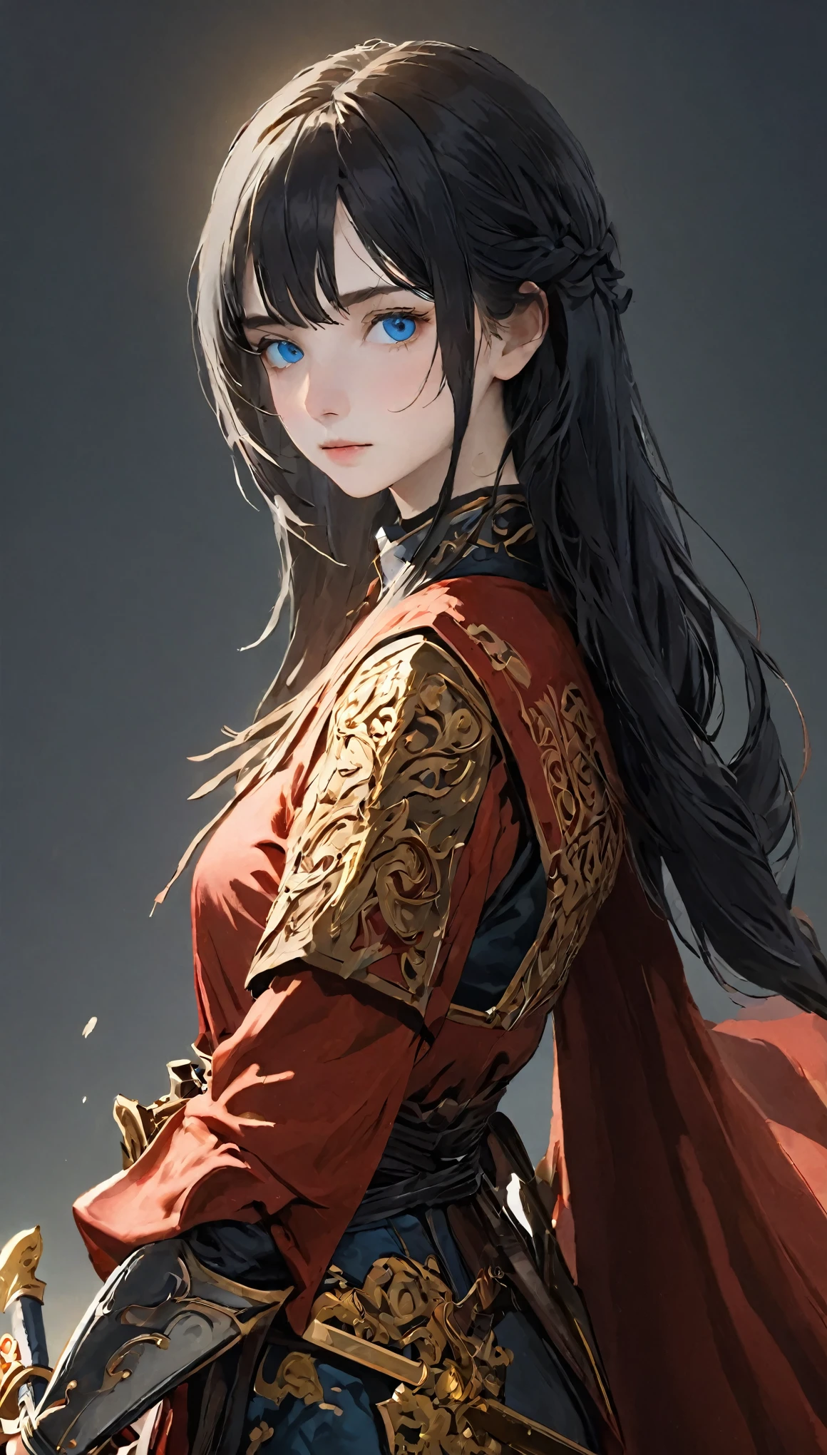 Female adventurer, whole body, Game Art Style, (masterpiece),  Best quality high resolution, 4K, 8k, Detail view, Intricate details, Cinematic Lighting, Great quality, Paladin、1 girl, blue eyes, 赤い鎧を着た勇敢な女性Paladin, Crimson Armor、Strong girl、Gap Moe、Long sword on back、 Black Hair, Great shade, Soft lighting, Facing Camera, Perfect Eyes