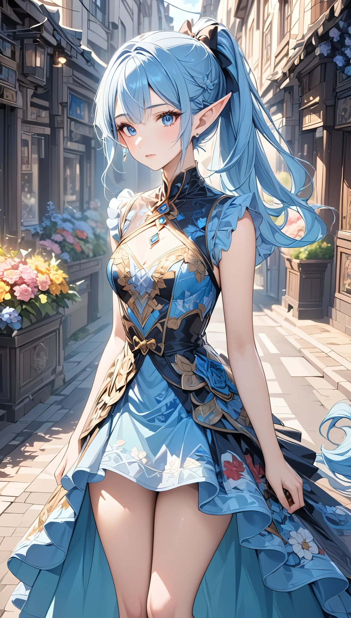 (masterpiece), high details, high quality, (best quality), (super detail), perfect detailed eyes, perfect detailed face, light blue hair, ponytail, flower print dress, design, intricate patterns, Fashionable, cutting-edge, avant-garde costumes, Intersection of light and shadow, Fantastic landscape, elf, long pointy ears, hair bow