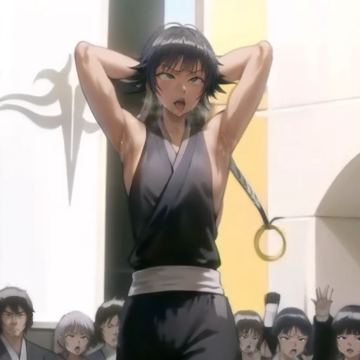 ( animation screenshot:1.1),flirtatious, 1 female, unique, black hair, eternity, Japanese clothes, no underwear,short hair, Small Breasts, No eyeballs, Also available in black, for the audience, looking at the audience, tired, from below, (Exposed Armpits:1.1), ((Armpits:1.2)), sweat, Sweat more and more,(ahegao), (翻White eyes), open your mouth, stick out tongue, saliva, Drooling,slim, raise arms, (raise arms above your head:1.5), (muscle:1.2),White eyes, White eyes球, syncope, 翻White eyes.