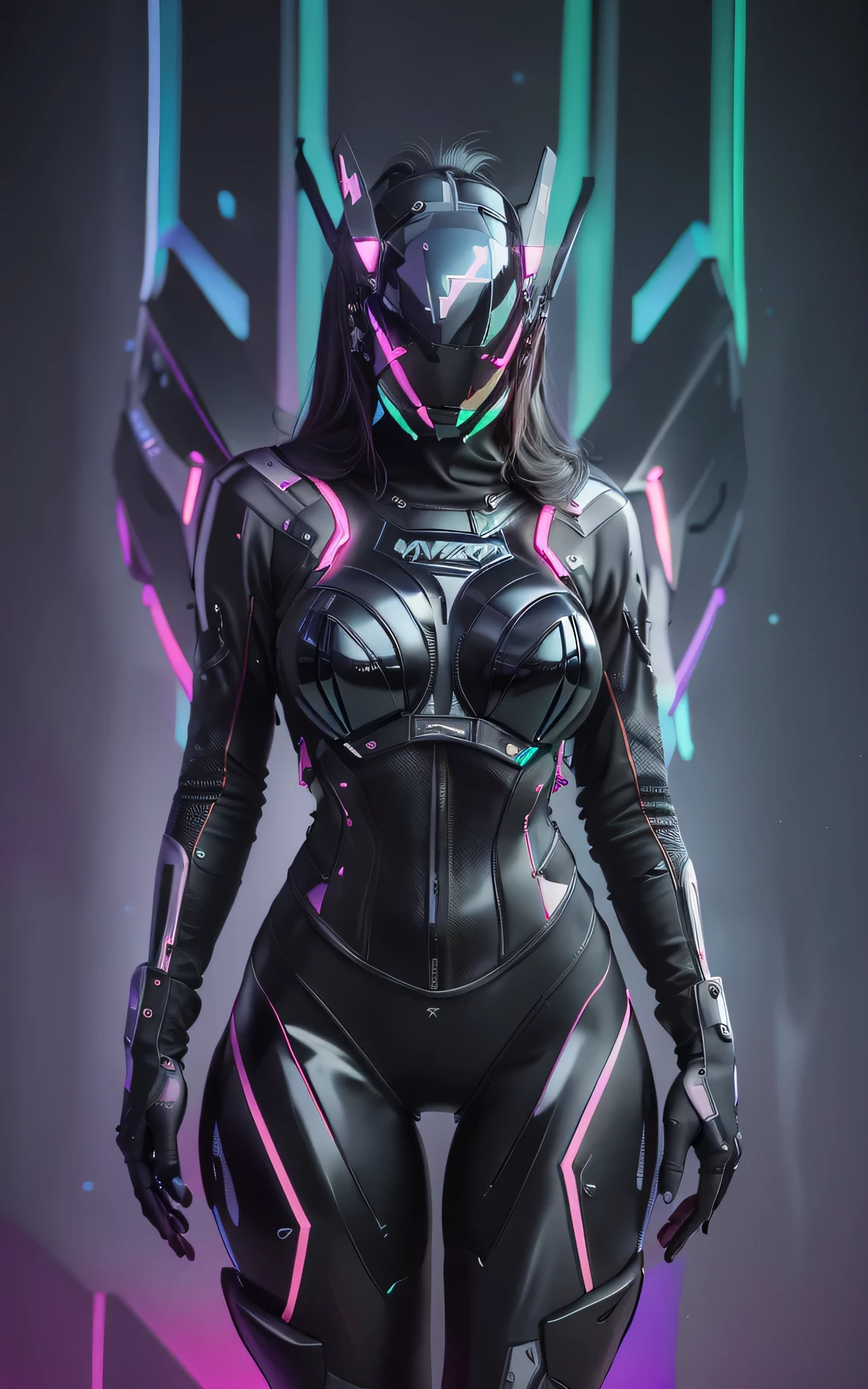 Image 16k, Great [Catwoman | Catwomen], black tight leather biker suit on the body, biker costume, biker gloves, (big breastes), (slim athletic body), futuristic (All closed cyber helmet) with big cat ears, faceoff, ciberpunk, lascivious, enticing, Tilting, Tilting, sexypose, Top view, (against the backdrop of the night neon cyber city), Detailed digital art, Cybernetics, Detailed palms, detailed biker gloves, glowing neon inserts on the suit, neon helmet visor