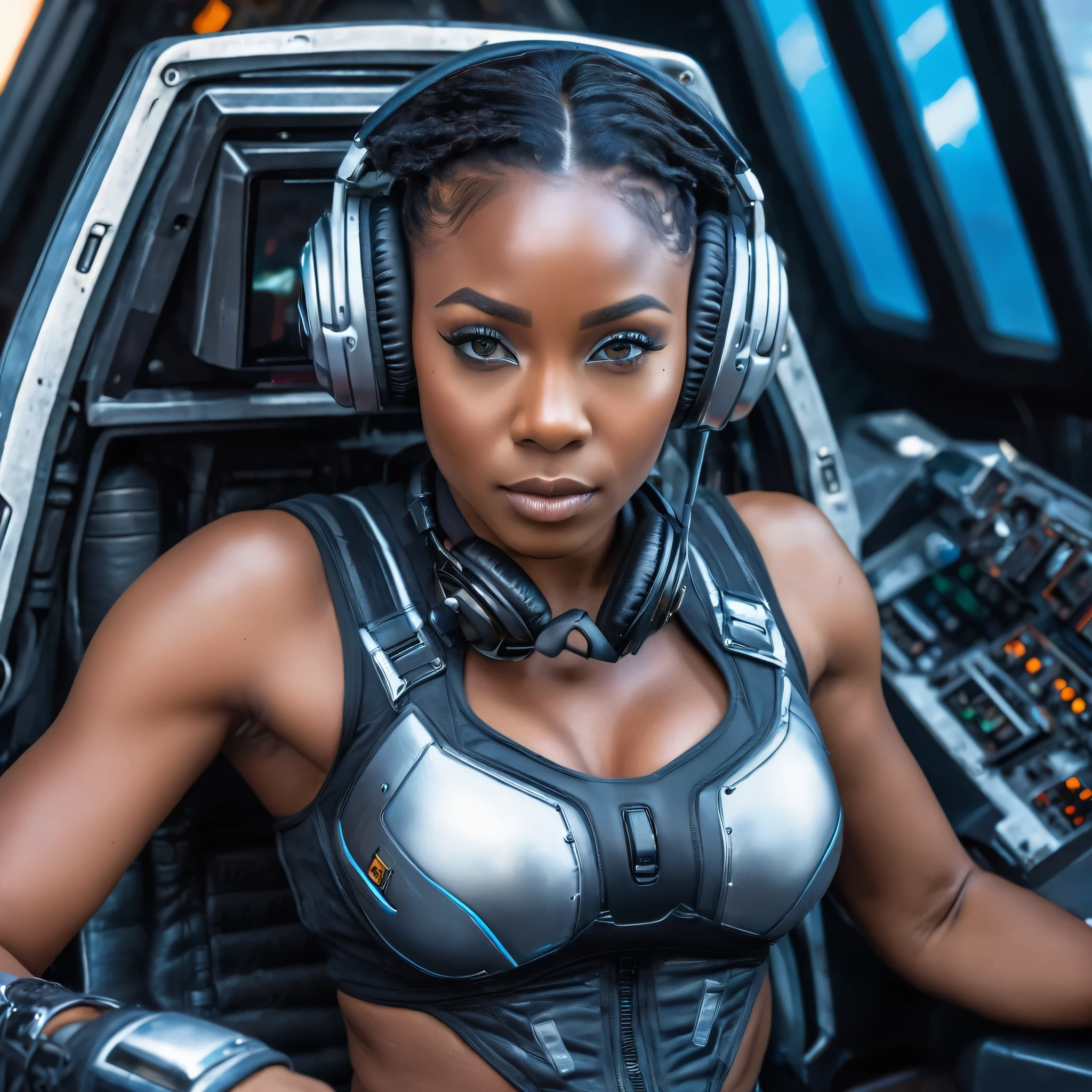 (masterpiece), (High definition photos), (8k), (dynamic), (Detailed skin), (Detailed eyes), (one African girl), (Photographed from directly in front), (Female pilot sitting at the cockpit of a futuristic spaceship), (Looking into the camera), bodybuilder, Muscular, headset, sporty lingerie, enormous and saggy breasts, harness, upper body, Black hair, Wet