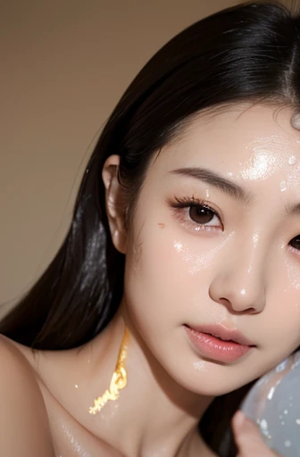 portrait, 18 years old, beautiful maid, detailed face, bright colors, (pleasure face:1.5), highly detailed, masterpiece, best quality, 8k, in the face, wet face oozing, white liquid, (liquid running down the face : 1.5),