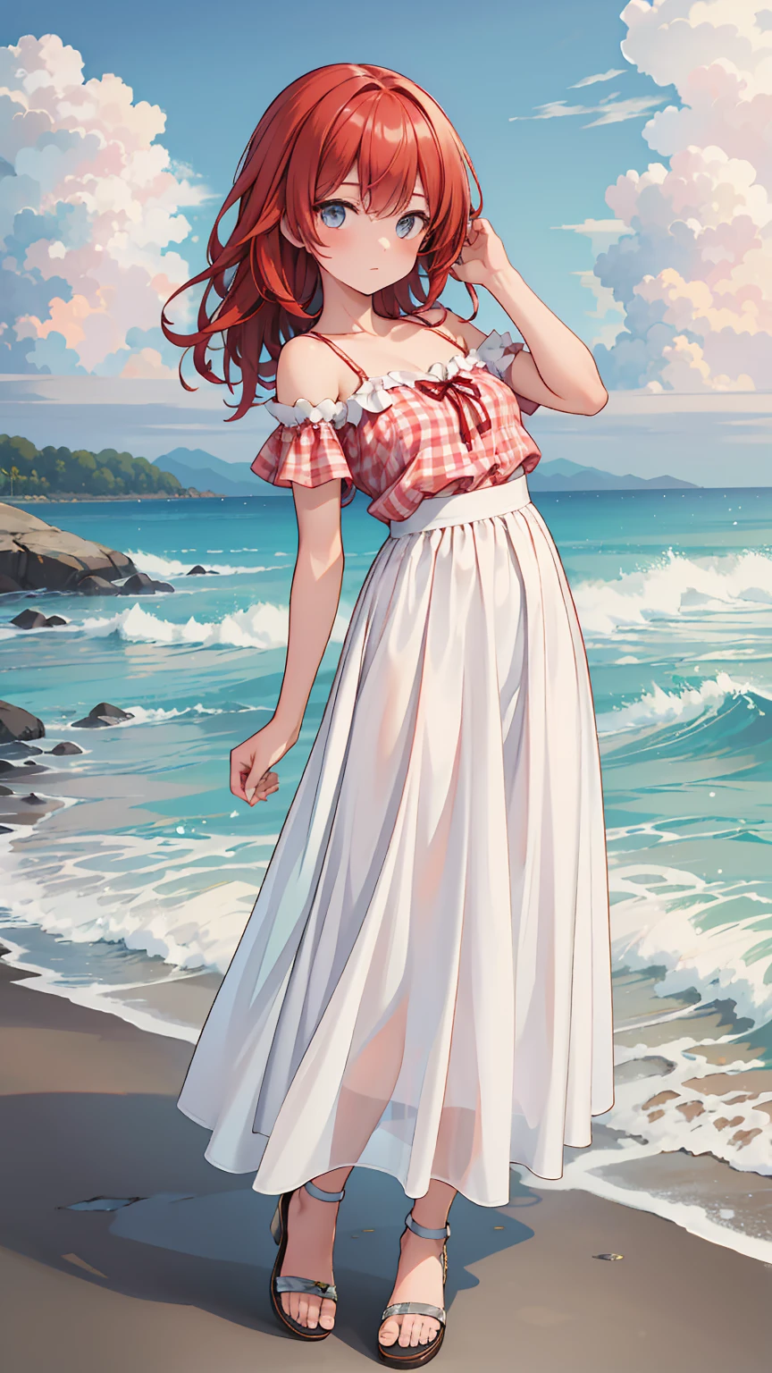 (8k, Best Quality, masterpiece: 1.2),Ultra-high resolution, 1 person, solo ,Small breasts, Highly detailed face, White long skirt, The top is a red gingham check camisole.ソール, White long skirt, The top is a red gingham check camisole., White short sleeves, Gladiator Sandals, sea, Waves, Pure white long skirt, 