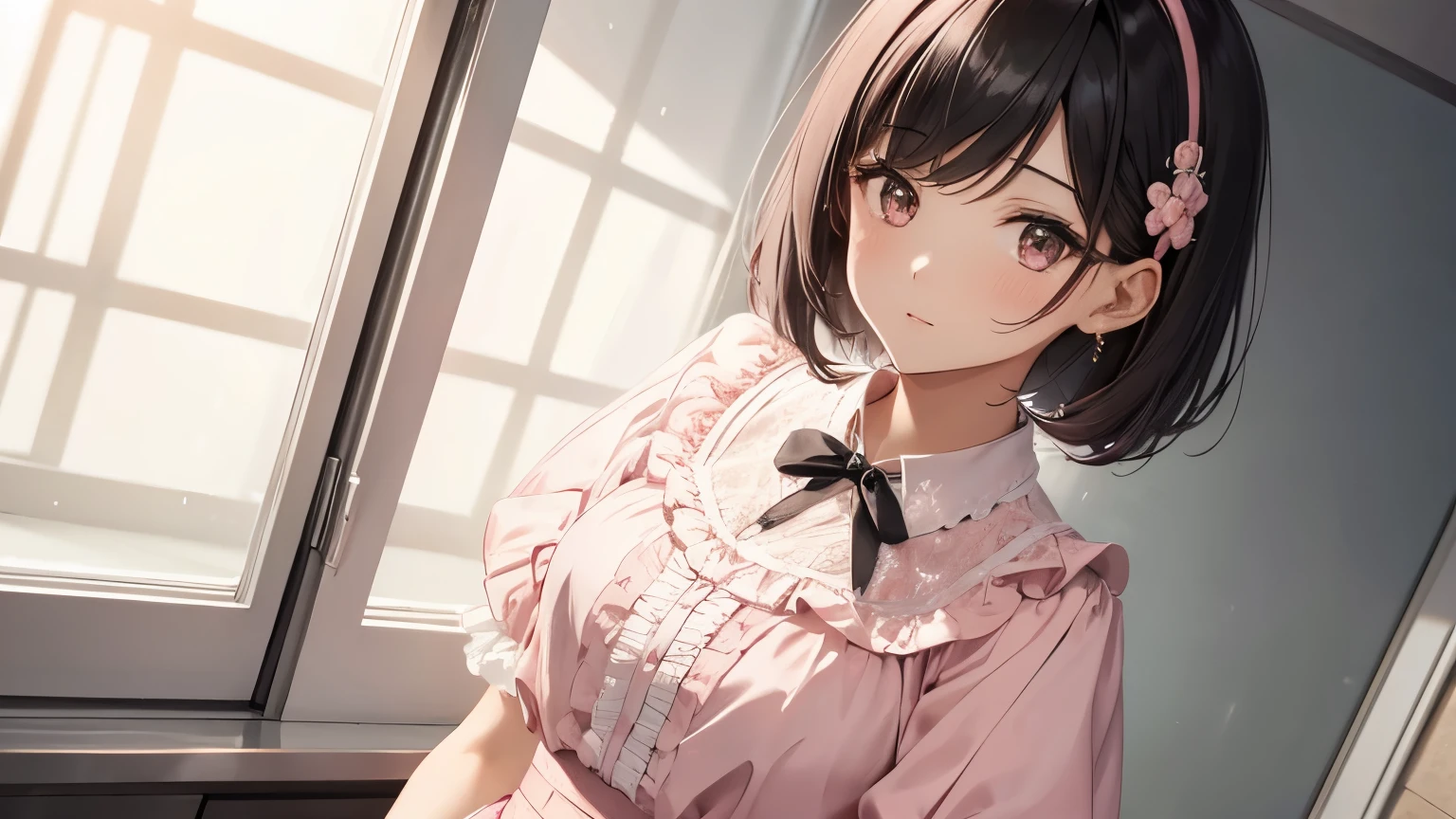 Cat with pink ribbon、white clothes、Clothes with fruit pattern