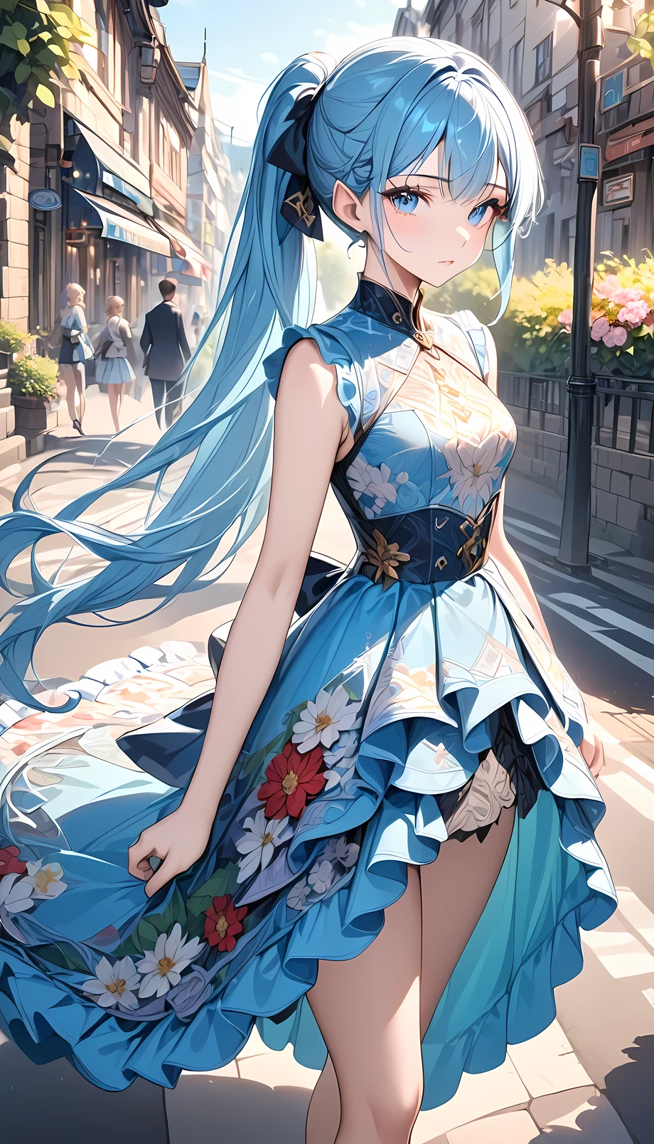 (masterpiece), high details, high quality, (best quality), (super detail), perfect detailed eyes, perfect detailed face, light blue hair, ponytail, flower print dress, design, intricate patterns, Fashionable, cutting-edge, avant-garde costumes, Intersection of light and shadow, Fantastic landscape, elf, long pointy ears, hair bow