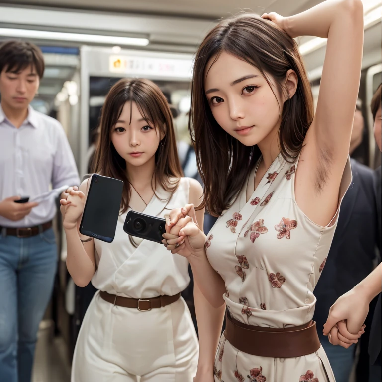 Realistic young japanese cute woman,((((a very cute japanese anorexic woman is holding hand strap with right hand and holding smartphone with left hand:1.7)))),(((in crowded train))),(((staring blankly into the distance:1.5))),(((armpit is visible through gap in sleeve)))),(((wearing half sleeves blouse,belt, skirt))),4K, 8K, (Masterpiece, best quality:1.2),Very realistic eyes, perfect face,24years old,(((thin girl))),(((skinny girl))),(((slim girl))),white skin,big eyes,((expressionless)),Narrow waist,((close up armpit)),(((armpit))),((waki)),((armpit hair:1.4)),((brown short hair)),(((cowboy shot)))