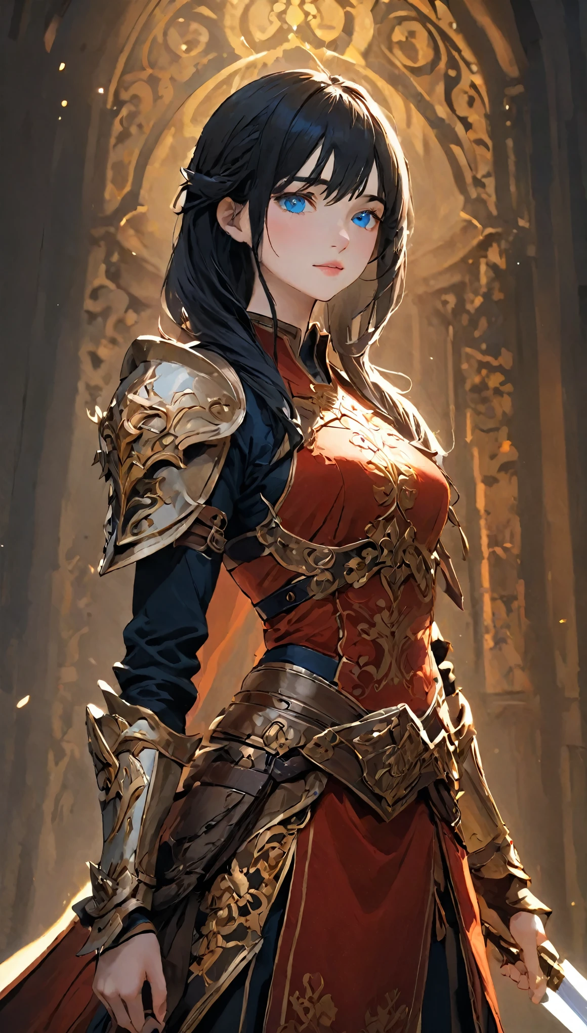 Female adventurer, whole body, Game Art Style, (masterpiece), Best quality high resolution, 4K, 8k, Detail view, Intricate details, Cinematic Lighting, Great quality, cowboyshot、Paladin、1 girl, blue eyes, 赤い鎧を着た勇敢な女性Paladin, Crimson Armor、Strong girl、Gap Moe、Long sword on back、 Black Hair, Great shade, Soft lighting, Facing Camera, Perfect Eyes