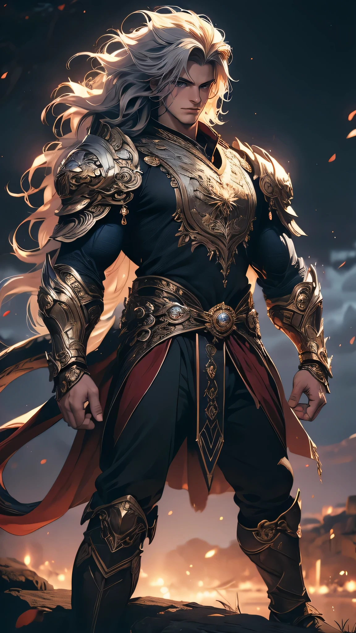 ((masterpiece)), envision a 8k, highres, cinematic, semi realistic, detailed, full body pinup of a strong boy, strong face, mature face, muscular body, long wavy white hair,  blue eyes, lion armour, tall, (((1boy))), in dark lighting, against a dark background