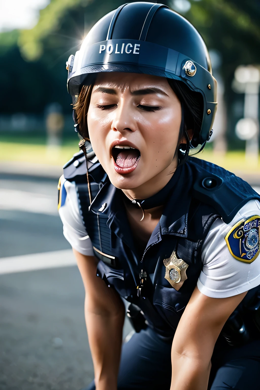 Beautiful Japanese actresses,Flying debris,Award-winning photo, Very detailed, Edge Orgasm, Woman with open mouth and closed eyes , Sweaty skin、Lighting that highlights shiny sweat{{{Please spread the word }}}, Black Hair、((Female police officer wearing a helmet,))