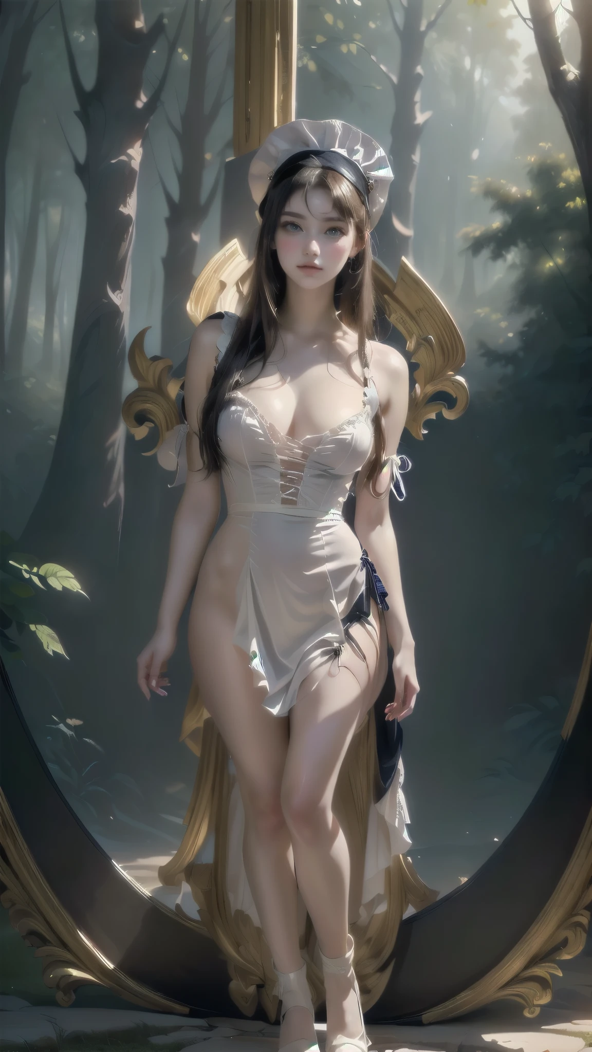 a close up of a cartoon character in a dress and hat, a  maid in a magical forest,  anime girl, beautiful and  anime woman, a maid in a magical forest, Extremely Detailed Image artgermAlice X. zhang, cushart krenz arte-chave feminina, Beautiful anime girl, Alice from Alice in Wonderland,  not dressed,  (full body:1.8), (upper body up:0.3), (hyper realistic:1.4), (realistic:1.3), (best quality real texture skin), Detailed eyes, detailed face, PERSEPHONE, Persephone, Persephone, (SFW:1.5) Hyperrealistic