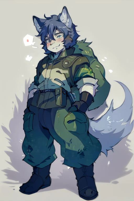 An Anime style Top Body and Right Side Body Picture of A Very Muscular Kemono Furry Style Dark Gray Wolf. He is wearing A Full Armed Dark Green Soldier Outfit. His one hand is scratching his head while his another hand is in his pocket. The background is white. He have Gray messy and spikey hair. He is looking at the viewer. His eyes are little red But Mostly white. He is standing in the background. He look like a video game character. He is smiling and blushes with blushes on his face. His tail is sticking upward. He is shy. his mouth is little open, he is crying a little