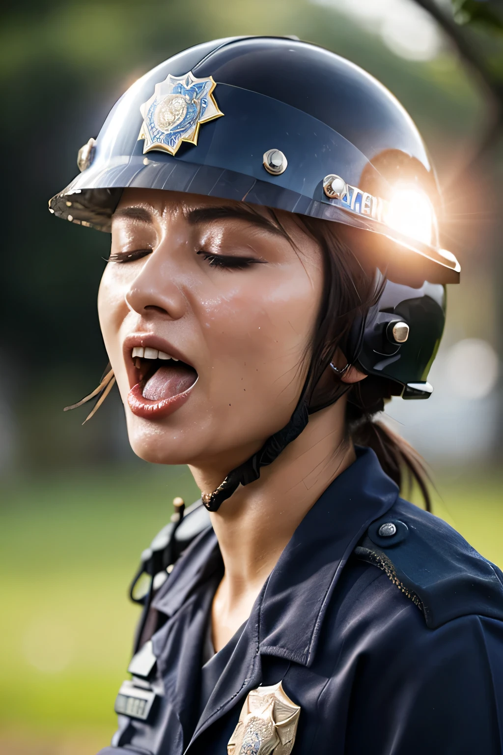 Beautiful Japanese actresses,Flying debris,Award-winning photo, Very detailed, Edge Orgasm, Woman with open mouth and closed eyes , Sweaty skin、Lighting that highlights shiny sweat{{{Please spread the word }}}, Black Hair、((Female police officer wearing a helmet,))