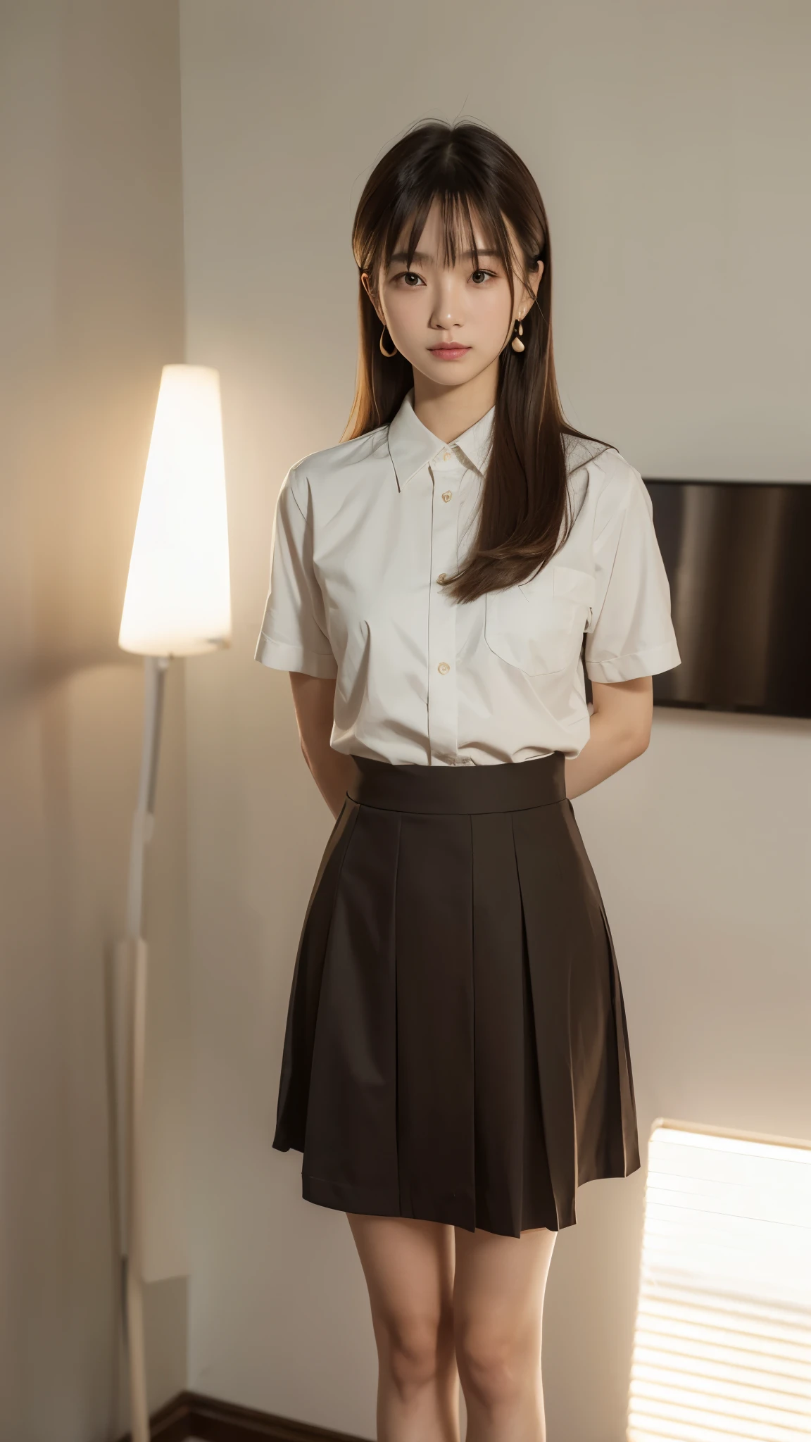 Japanese woman standing with her hands behind her back、1 person、Perfect beauty、Full body portrait、Small face、Medium build、Model-like proportions、Wearing a shirt、Wearing a skirt、, light brown hair, crossed bangs, straight hair, floating hair, expressive hair, big hair, wide eyes, earrings, seductive smile, naughty, Verism, Surrealism, cinematic lighting, Fujicolor, tachi-e, first-person view, f/1.8, Nikon, UHD, anatomically correct, masterpiece, high details, award winning, best quality, highres, 16k