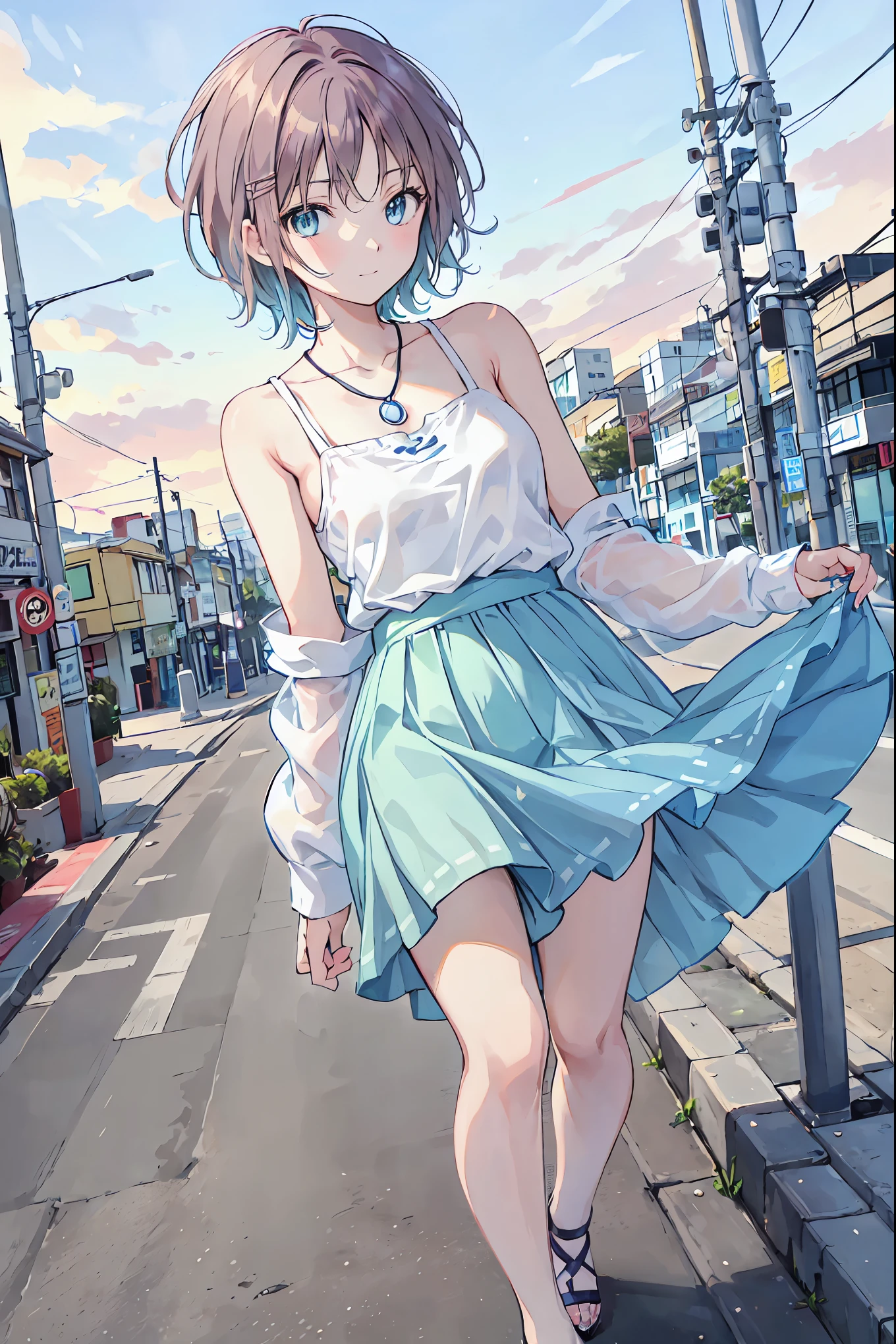 Yo Watanabe, Yu Watanabe, Brown Hair，Shortcuts，Messy Hair，Short braided hair，Neat，Slender beauty，A dignified posture，Small chest，Beautiful feet，Her captivating grey-blue eyes shine like stars，Vibrant colors,Beautiful Eyes,A delicate smile,Textured Skin,The best quality at its best,A kind and beautiful woman,Anime Style､,Orange hair band,Locket Pendant,camisole,Bareneck,Expose your shoulders,Bare clavicle,Blue long skirt,Cute stiletto heels,evening,sunset,walk,The sun goes down,whole bodyがイラストに入るように,Looking down from above,
break outdoors, Coastal Road,construction site,
break looking at viewer, whole body,
break (masterpiece:1.2), Best quality high resolution, Unity 8K Wallpaper, (shape:0.8), (Beautiful details:1.6), Detailed painted face, Perfect lighting, Extremely detailed CG, (Perfect hands, Perfect Anatomy),