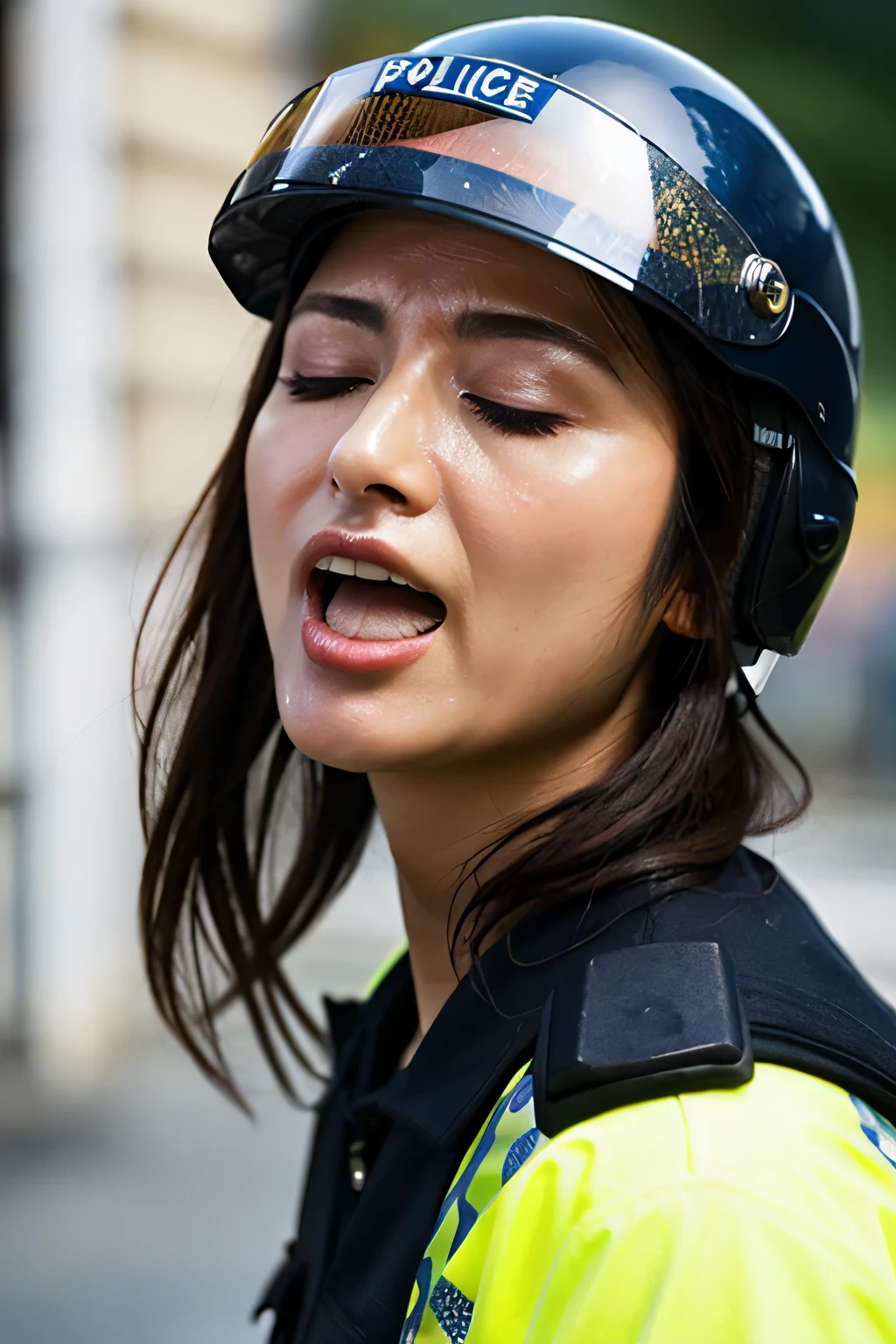 Beautiful Japanese actresses,Flying debris,Award-winning photo, Very detailed, Edge Orgasm, Woman with open mouth and closed eyes , Sweaty skin、Lighting that highlights shiny sweat{{{Please spread the word }}}, Black Hair、((Female police officer wearing a helmet,))