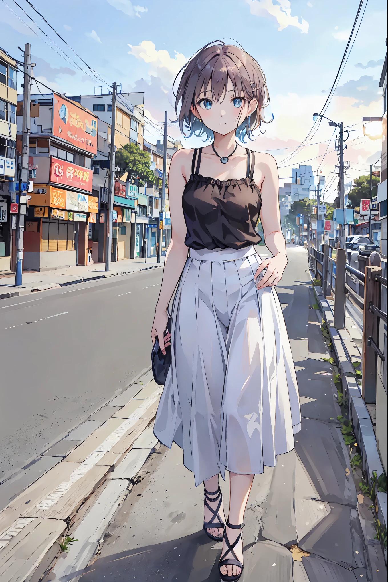 Photorealistic、Highest quality、Highest Resolution、Highest quality、16Ｋ、Beautiful woman、cute、beautiful、Bob Cut Hair、Dark Hair、Pale blue eyes、Casual clothing、smile、Smile、sunny、Walking around the city、