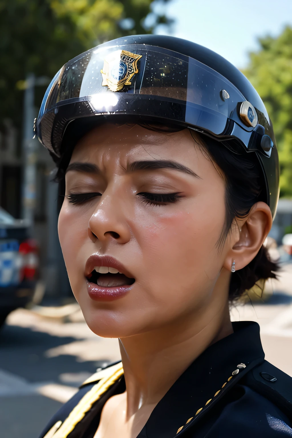 Beautiful Japanese actresses,Flying debris,Award-winning photo, Very detailed, Edge Orgasm, Woman with open mouth and closed eyes , Sweaty skin、Lighting that highlights shiny sweat{{{Please spread the word }}}, Black Hair、((Female police officer wearing a helmet,))