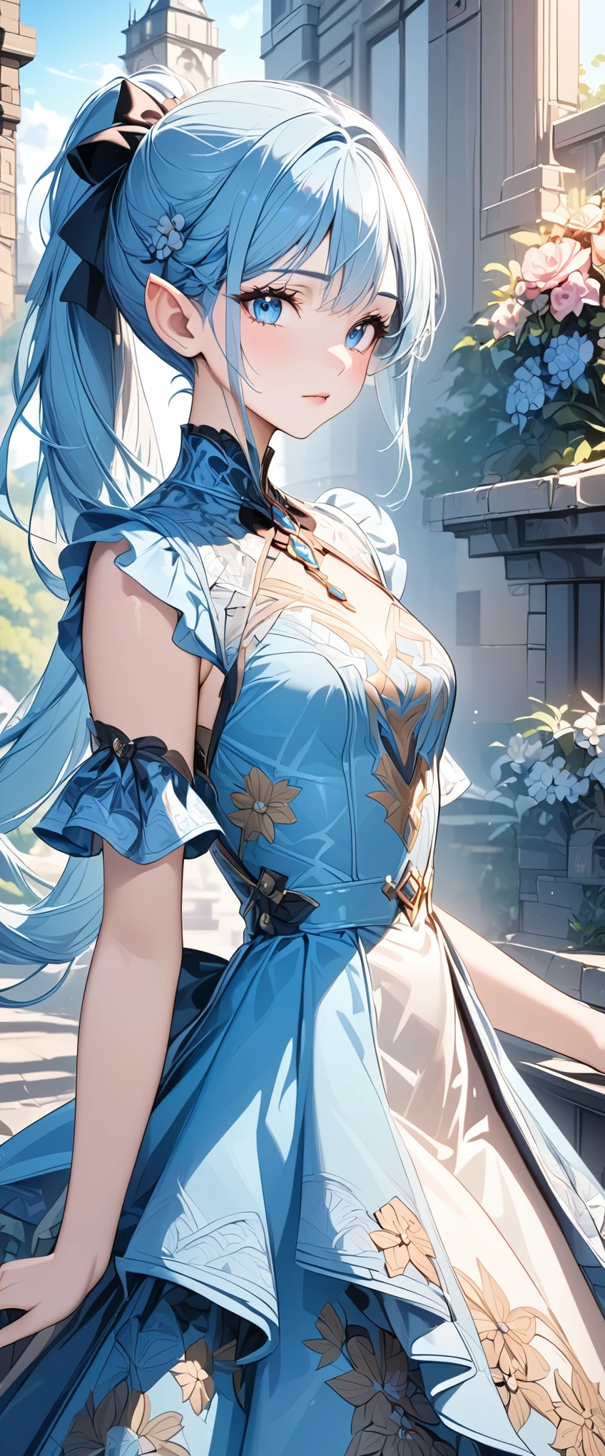 (masterpiece), high details, high quality, (best quality), (super detail), perfect detailed eyes, perfect detailed face, light blue hair, ponytail, flower print dress, design, intricate patterns, Fashionable, cutting-edge, avant-garde costumes, Intersection of light and shadow, Fantastic landscape, elf, long pointy ears, hair bow