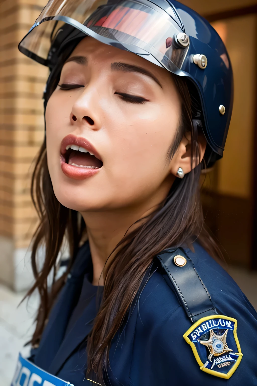 Beautiful Japanese actresses,Flying debris,Award-winning photo, Very detailed, Edge Orgasm, Woman with open mouth and closed eyes , Sweaty skin、Lighting that highlights shiny sweat{{{Please spread the word }}}, Black Hair、((Female police officer wearing a helmet,))