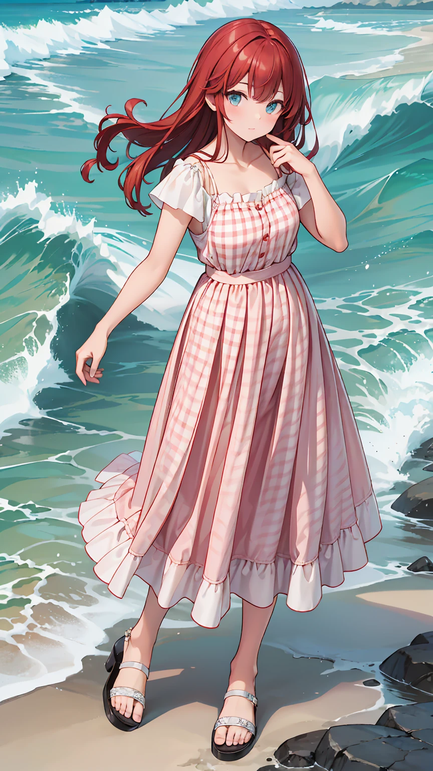 (8k, Best Quality, masterpiece: 1.2),Ultra-high resolution, 1 person, solo ,Small breasts, Highly detailed face, White long skirt, The top is a red gingham check camisole.ソール, White long skirt, The top is a red gingham check camisole., White short sleeves, Gladiator Sandals, sea, Waves, Pure white long skirt, 