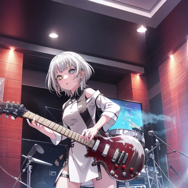 Best Quality,High image quality,Anatomically correct,anime,8k,One Girl,beautiful girl,Background of ancient houses,Light grey hair,Heterochromia iridis,Golden right eye,Silver left eye,Chinese dress,I have an electric guitar,Looking forward,Hand Repair