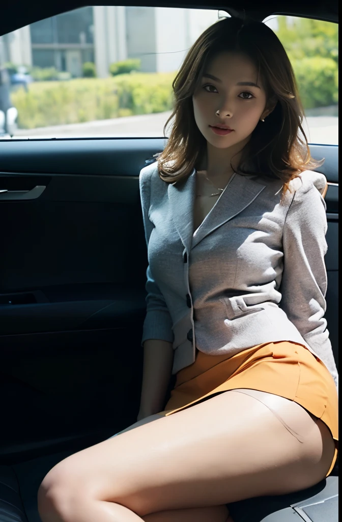 perspective view of a stunning beautiful woman, sitting in the car, wearing (mini skirt :1.0) . open legs, open button