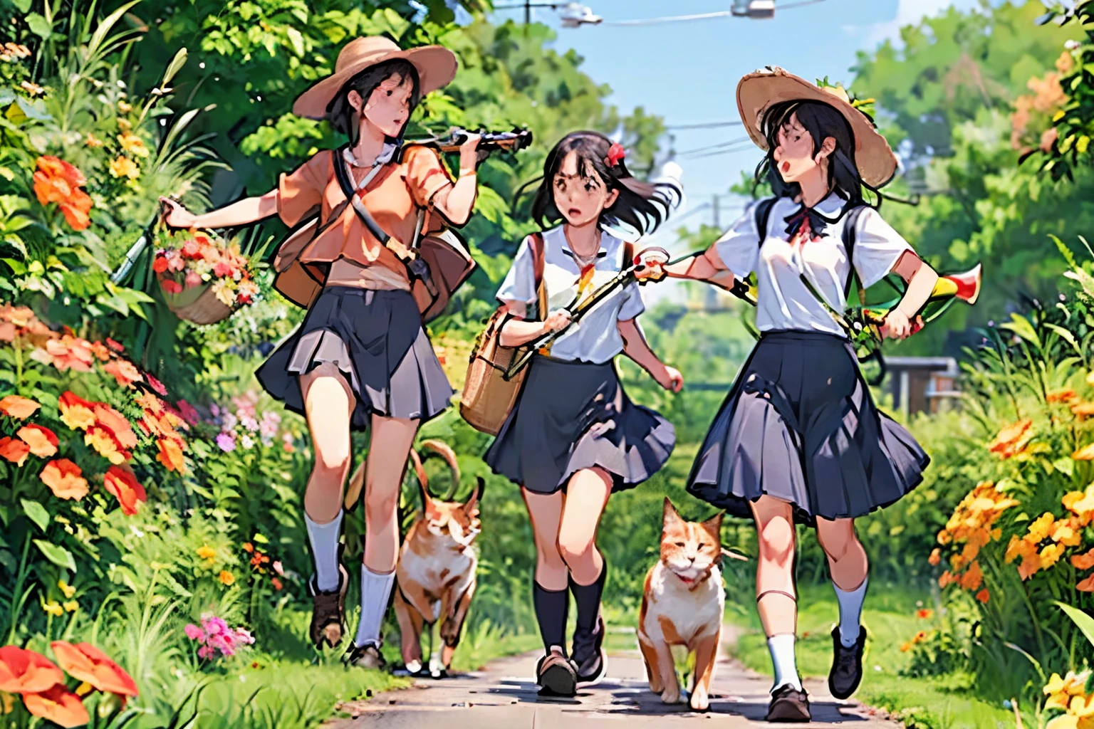 Three Girls, (A calico cat wanders around:1.2)、(Pushing a bicycle:1.2)、Black Hair, Short Hair、Long Hair, Hair Ties, Hairbands, Hair accessories, Straw hat、Shorts, skirt、Dappled sunlight、Outdoor, nature, wood々、 (Trumpet Creeper Flower:1.2)、grassland、countryside、Suburban、(Blur the background)、4K、8k、wallpaper、Best Quality、High image quality、masterpiece、