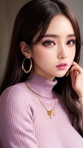 Tabletop、Close-up shot of face、(8k、RAW Photos、Best Quality、masterpiece: 1.2)、Gothic Makeup:1.4、Beautiful big brown eyes、Glowing White Skin、A very sweet and beautiful young woman、narrow eyes,((Big Breasts))、(BLACK turtleneck sweater),sunglasses on head, mini-skirt, (earrings, on), (erotic expression, on)、Pastel pink lipstick,long eyelashes:1.3,((purple eyeshadow)),gold hoop earrings, gold necklace,Blurred black background:1.5、Photo Studio、Cinema Lighting、Professional photographer